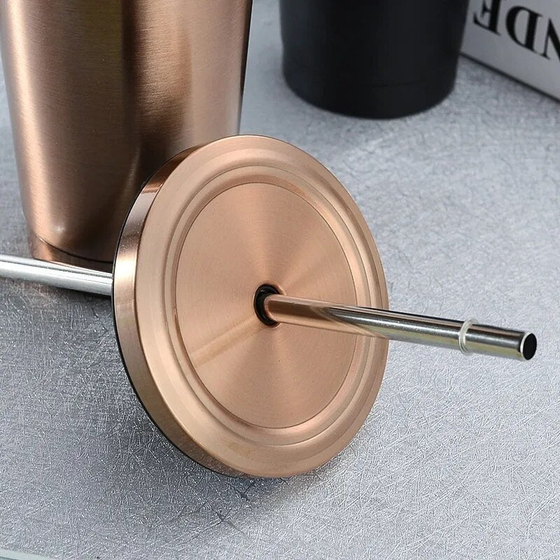 Stainless Steel Coffee Mug 500ml Mug with Lid Beer Mugs for Tea Cup Metal Cup Drink Straw Travel Cups