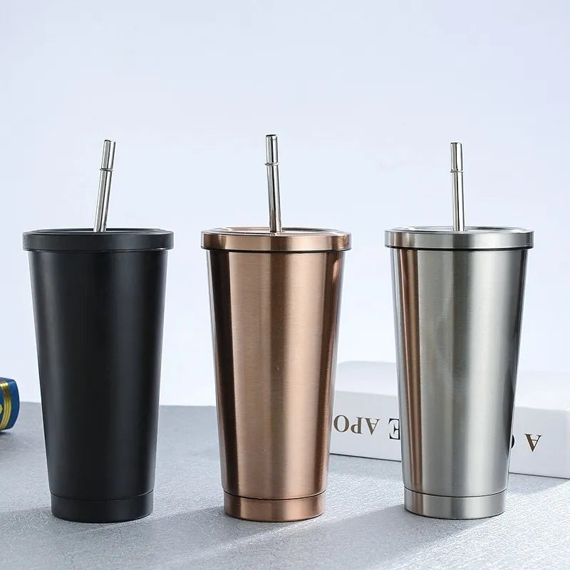 Stainless Steel Coffee Mug 500ml Mug with Lid Beer Mugs for Tea Cup Metal Cup Drink Straw Travel Cups