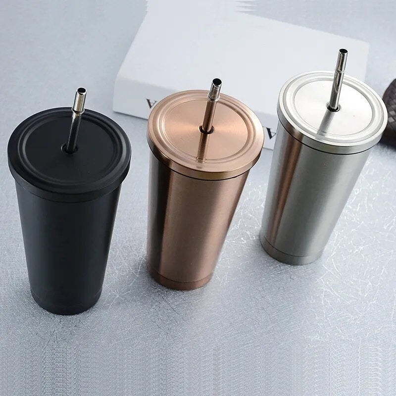 Stainless Steel Coffee Mug 500ml Mug with Lid Beer Mugs for Tea Cup Metal Cup Drink Straw Travel Cups