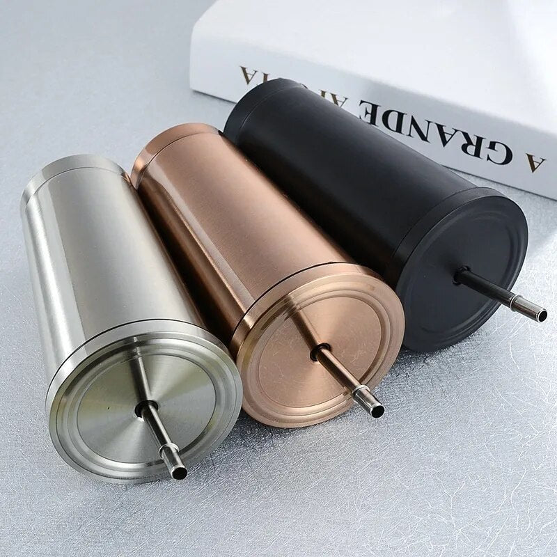 Stainless Steel Coffee Mug 500ml Mug with Lid Beer Mugs for Tea Cup Metal Cup Drink Straw Travel Cups