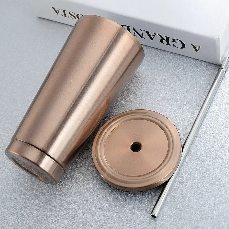 Stainless Steel Coffee Mug 500ml Mug with Lid Beer Mugs for Tea Cup Metal Cup Drink Straw Travel Cups