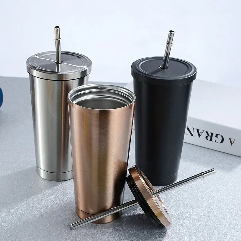 Stainless Steel Coffee Mug 500ml Mug with Lid Beer Mugs for Tea Cup Metal Cup Drink Straw Travel Cups